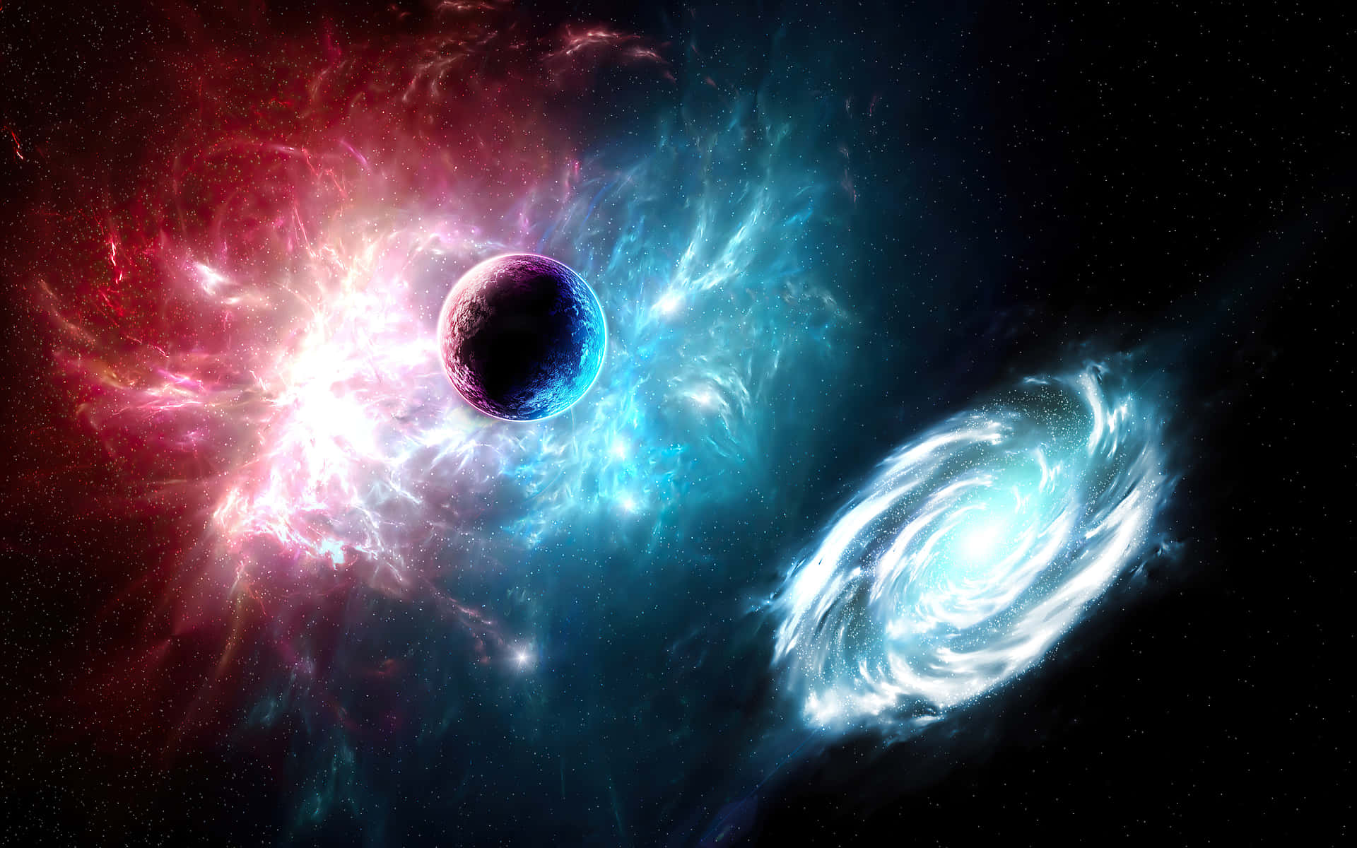 Two Stars In Space With A Blue And Red Star Background