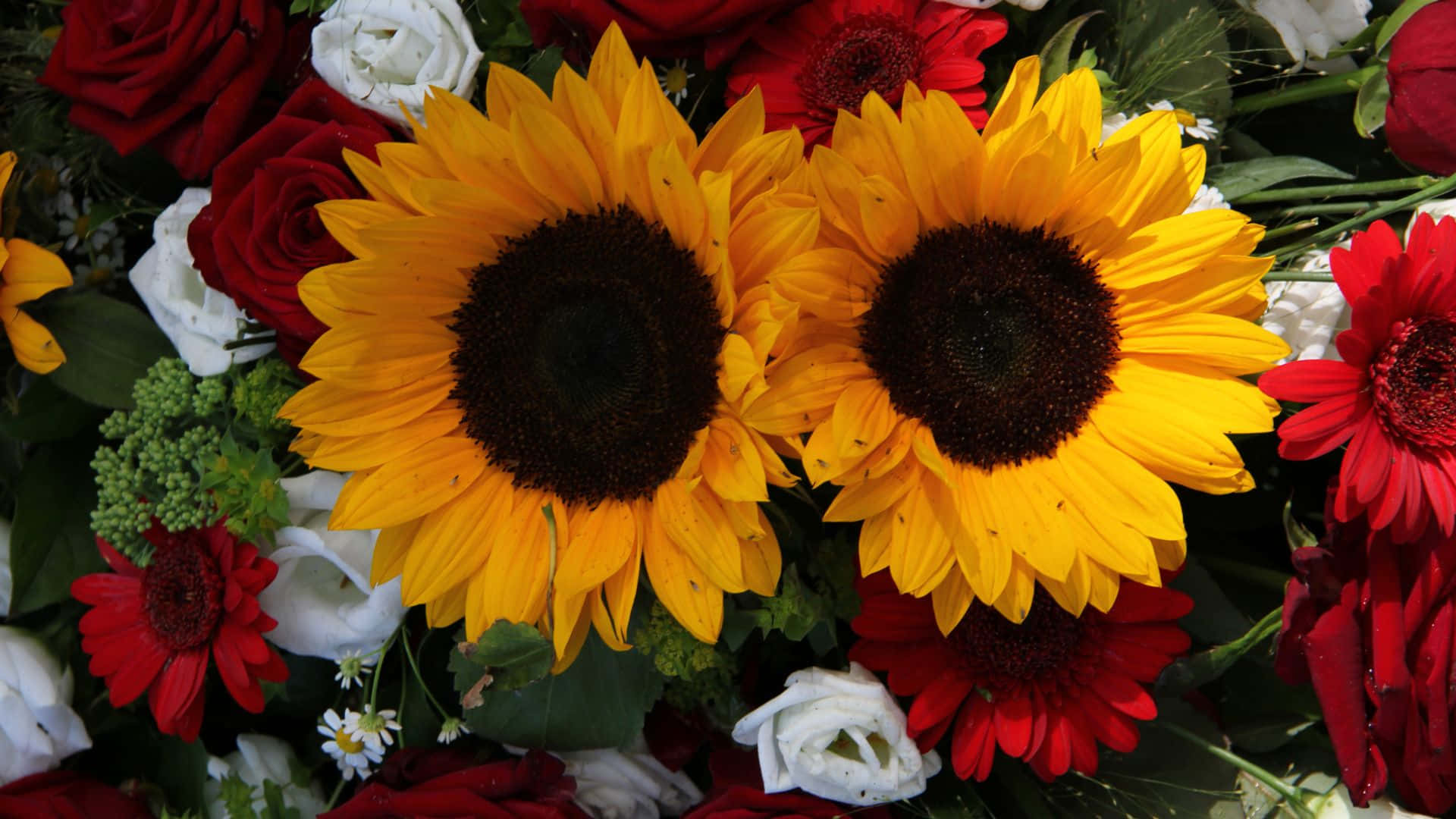 Two Sunflowers And Roses Bouquet