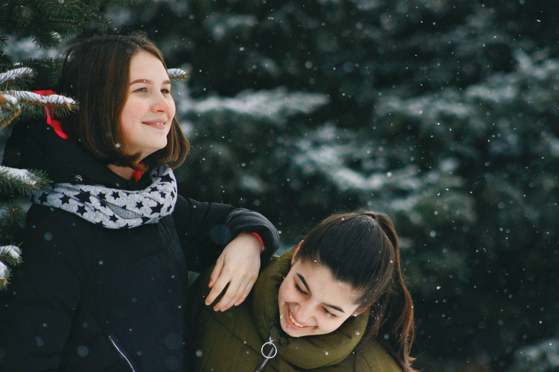 Two Teenage Girls In The Snow Background