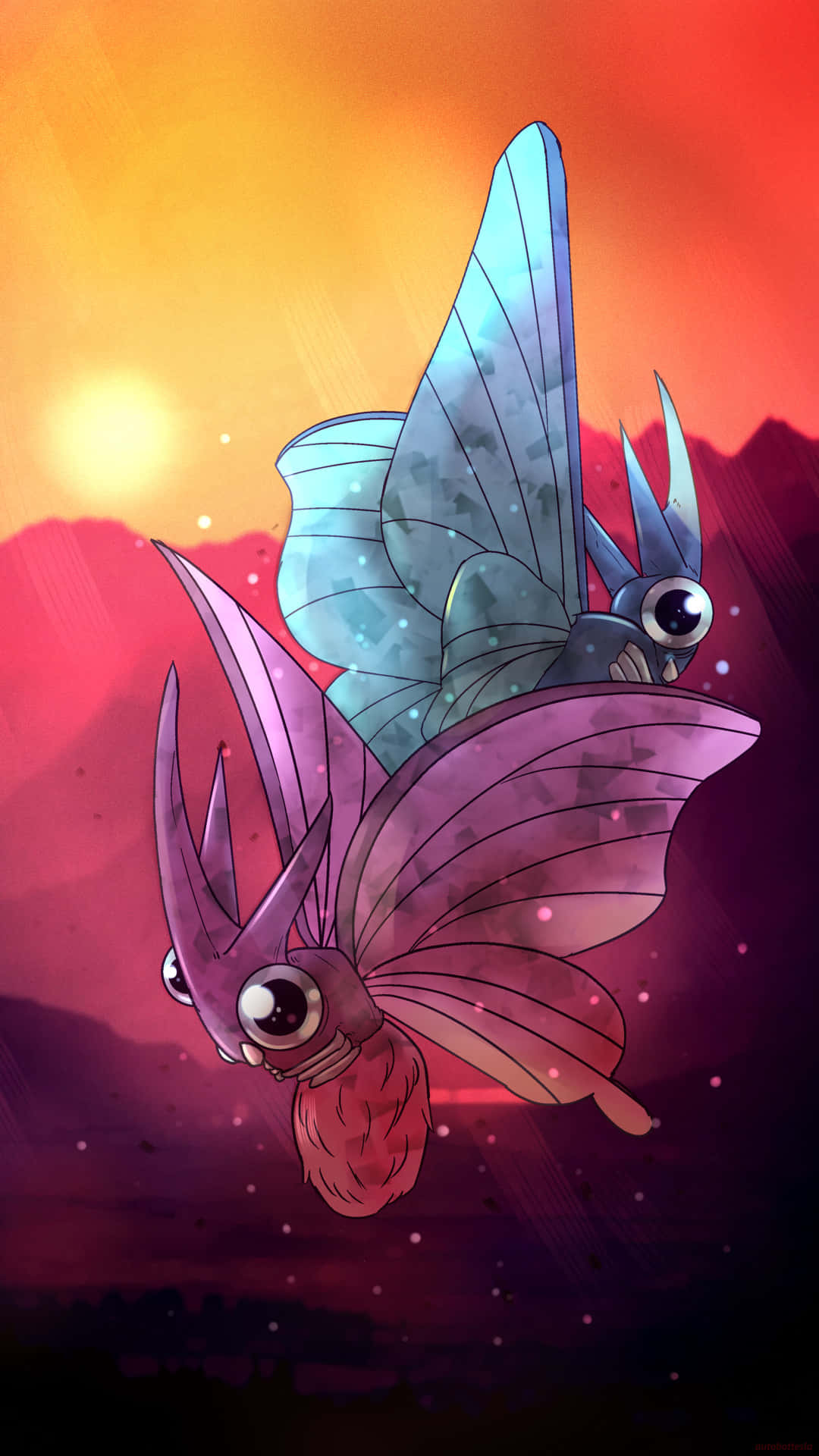 Two Venomoth Flying In The Sunset Sky Background