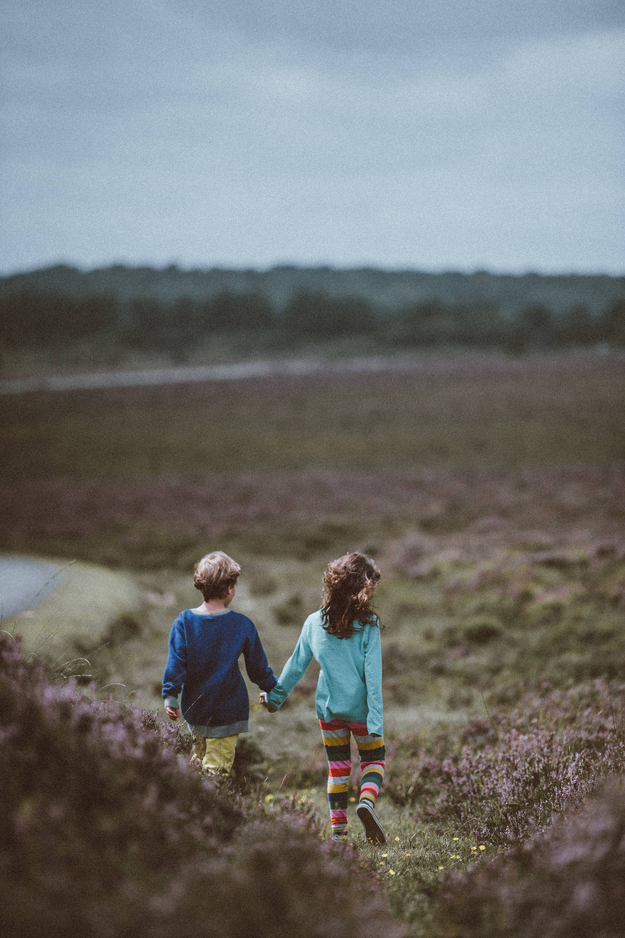 Two Walking Children In A Field Background