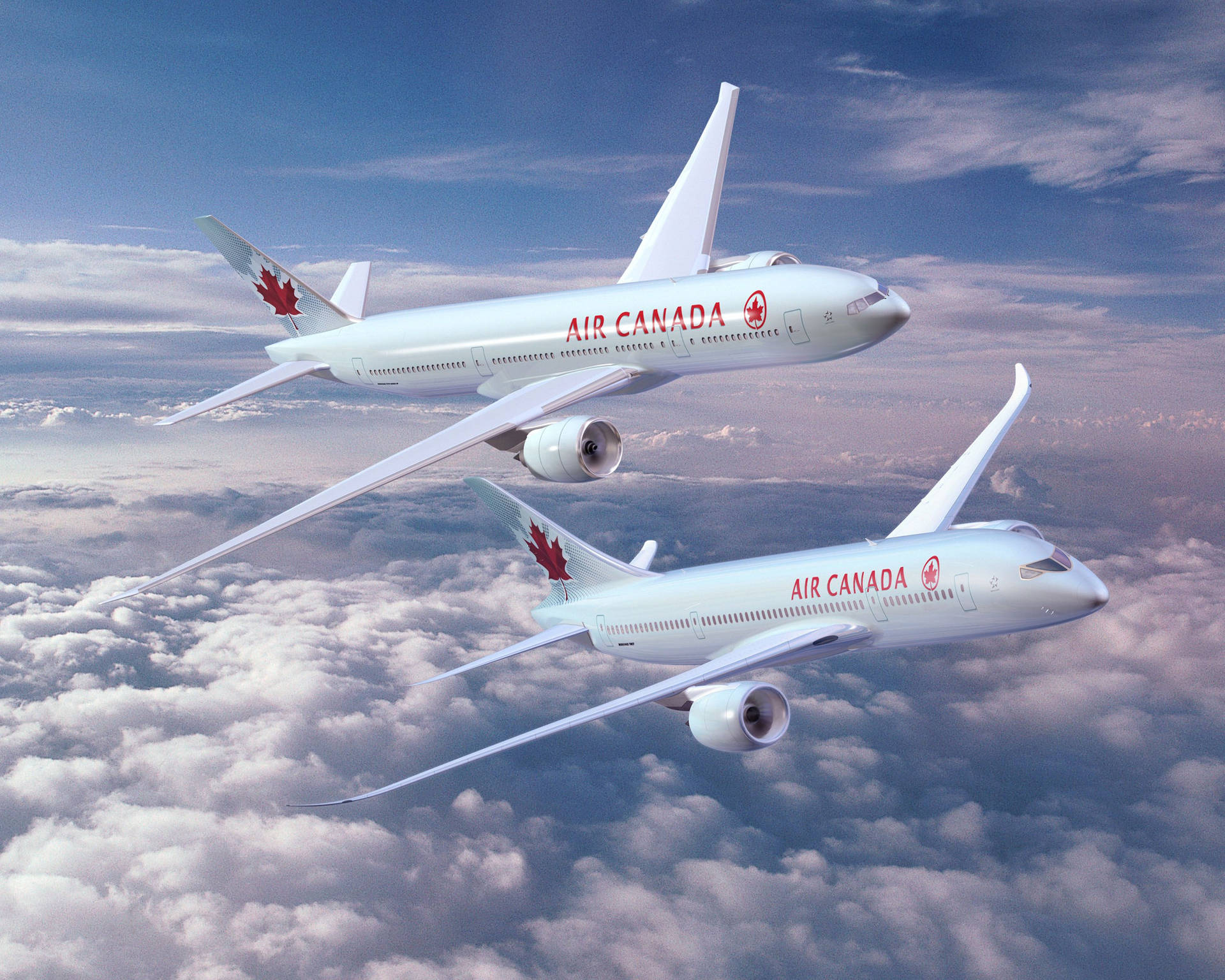 Two White Air Canada Planes Above The Clouds Background