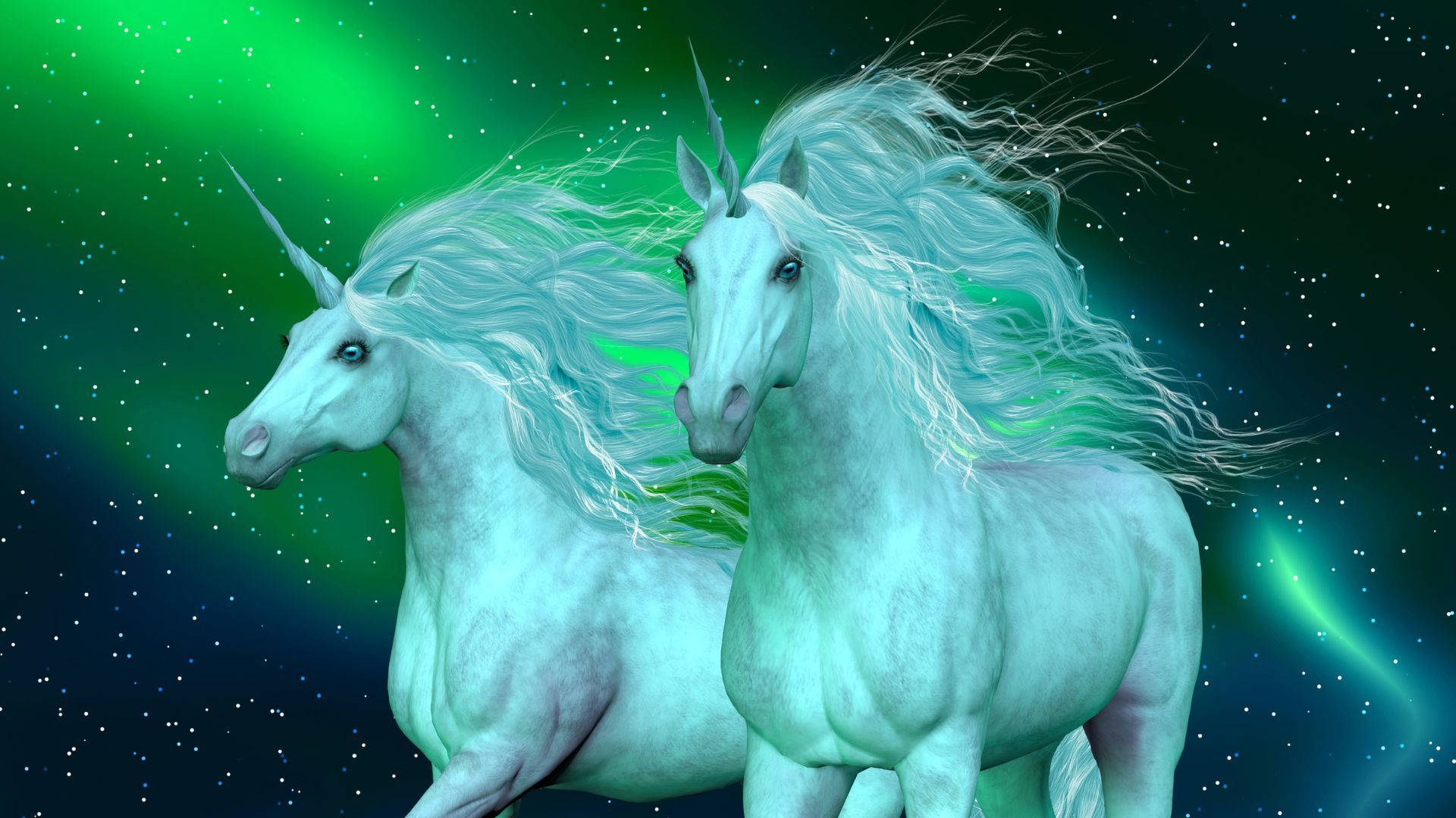 Two White Unicorns Standing In Front Of A Green Aurora Background