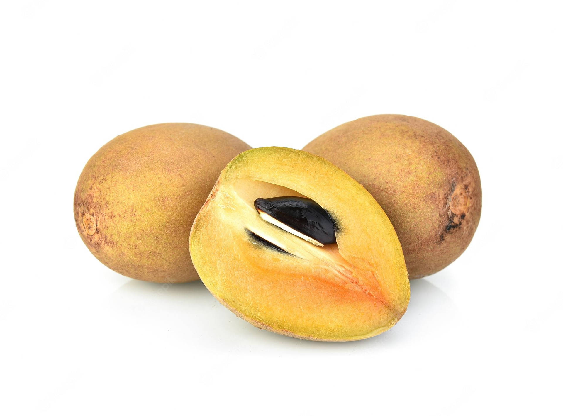 Two Whole Sapodilla Fruits And Half Background