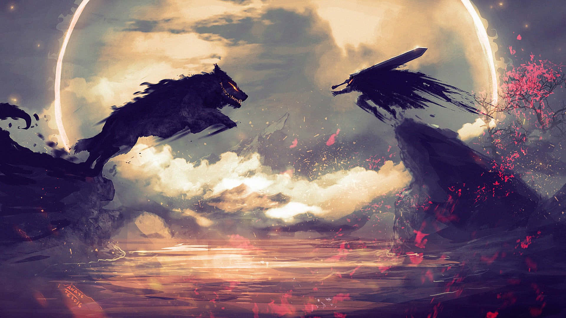 Two Wolves Fighting In The Water With A Full Moon Background