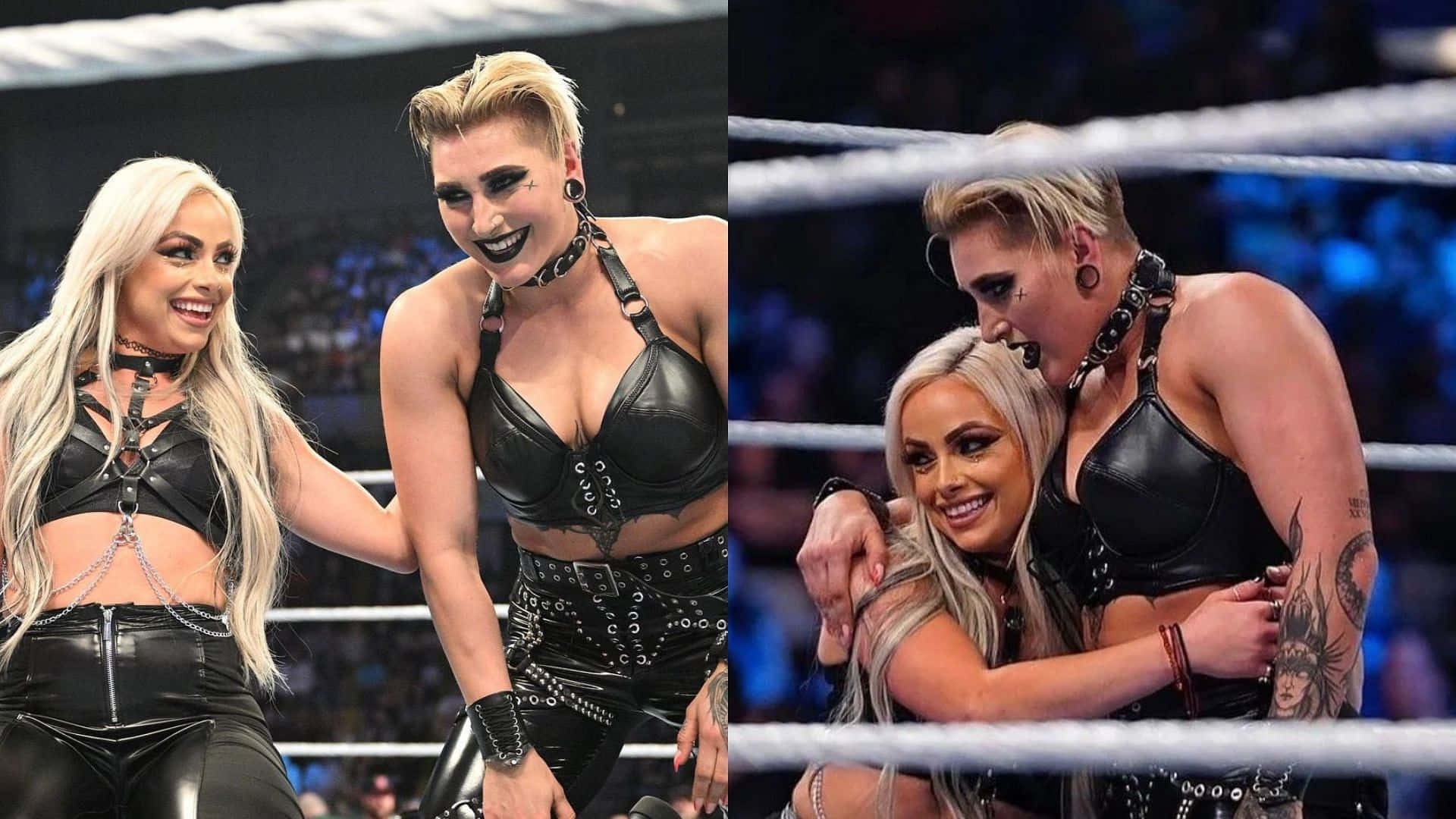 Two Women In Black Wrestling Outfits Are Posing For A Picture Background