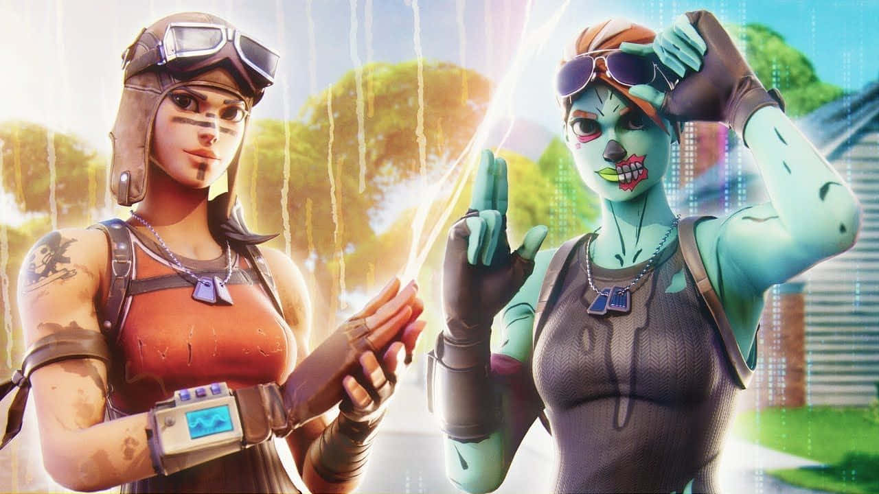 Two Women In Fortnite Are Standing Next To Each Other Background