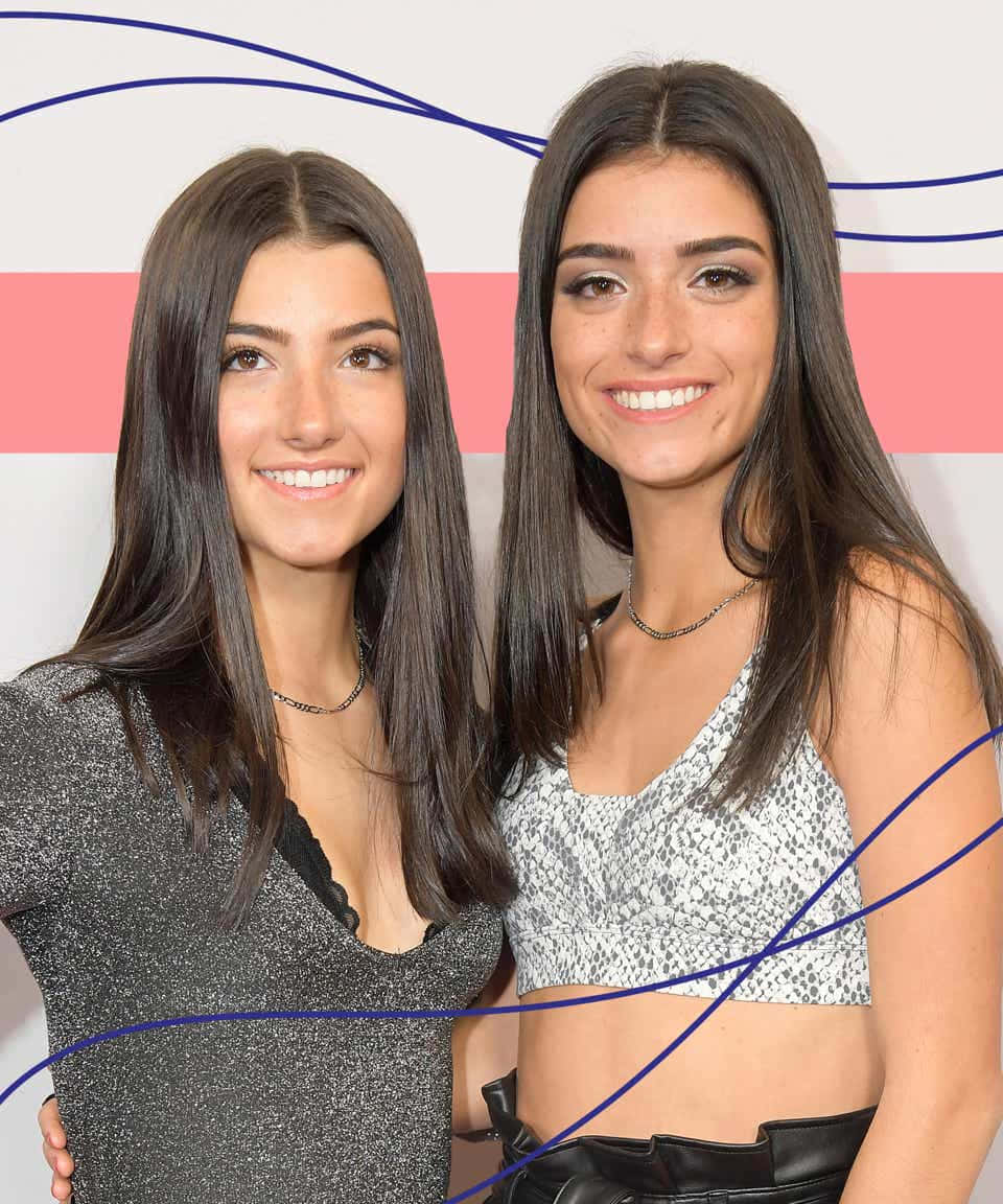 Two Women Standing Next To Each Other With A Pink And Blue Background Background