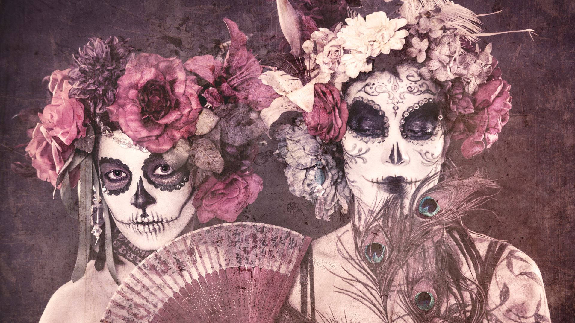 Two Women With Sugar Skulls And Flowers Background