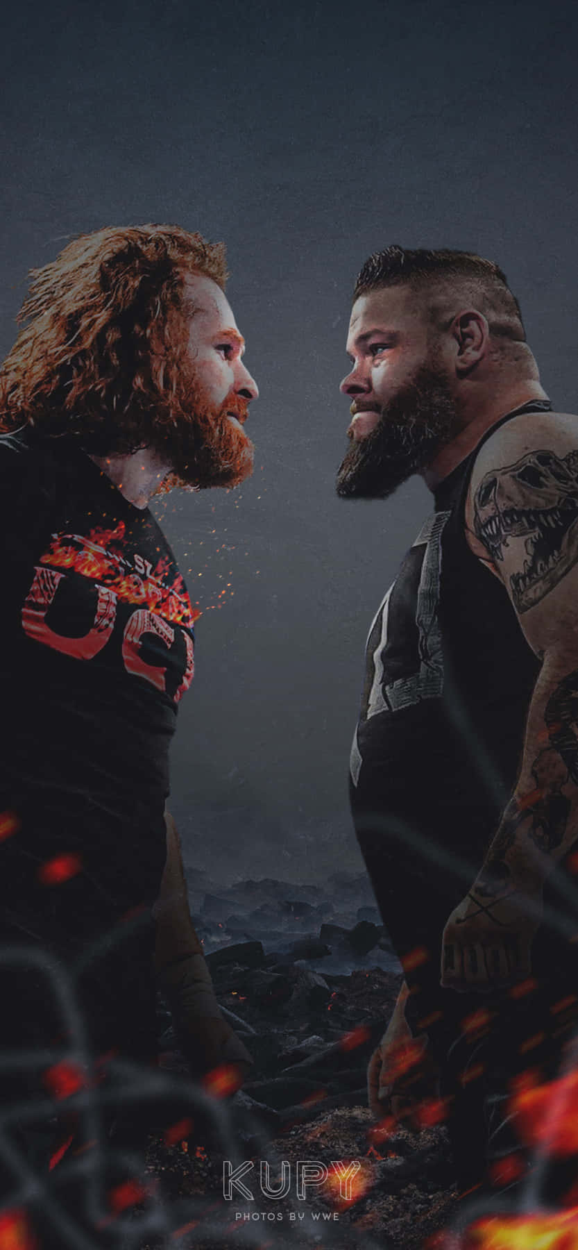 Two Wrestlers Standing In Front Of Fire Background