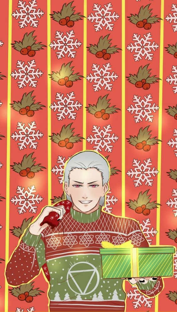 Two Young Anime Boys Celebrating A Wintery Christmas Background