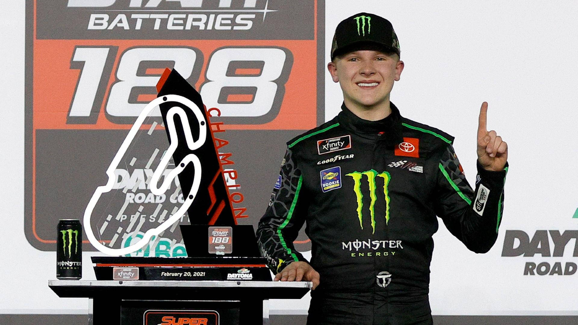 Ty Gibbs Proudly Displaying His Racing Trophy