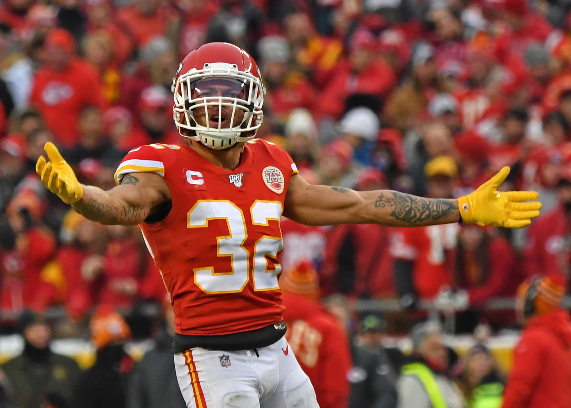 Tyrann Mathieu Looking Determined On The Field Background