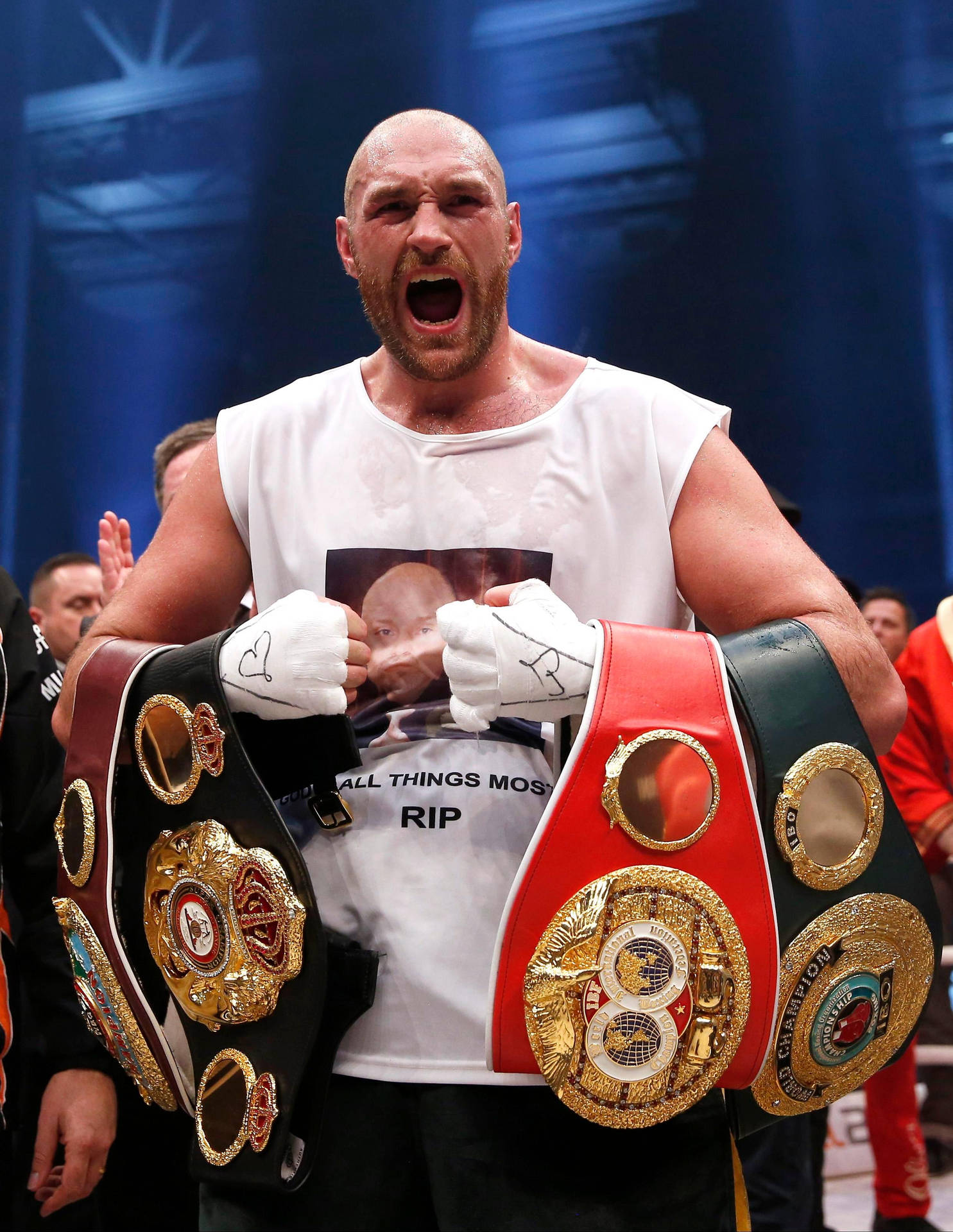 Tyson Fury Screaming With Boxing Belts