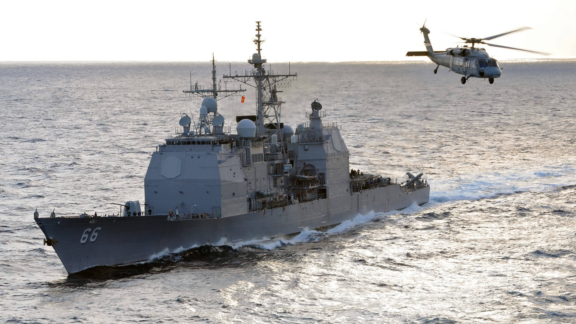 U S Navy Cruiser With Helicopter