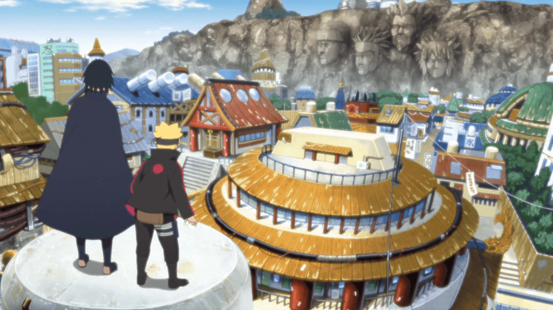 Uchiha Sasuke And Uzumaki Boruto Konoha Village Background