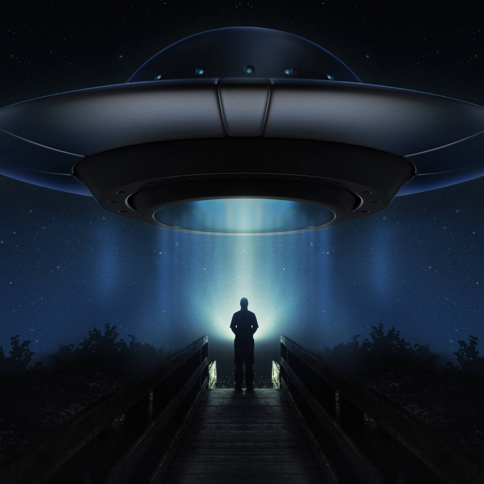 Ufo And Man On Dock Background