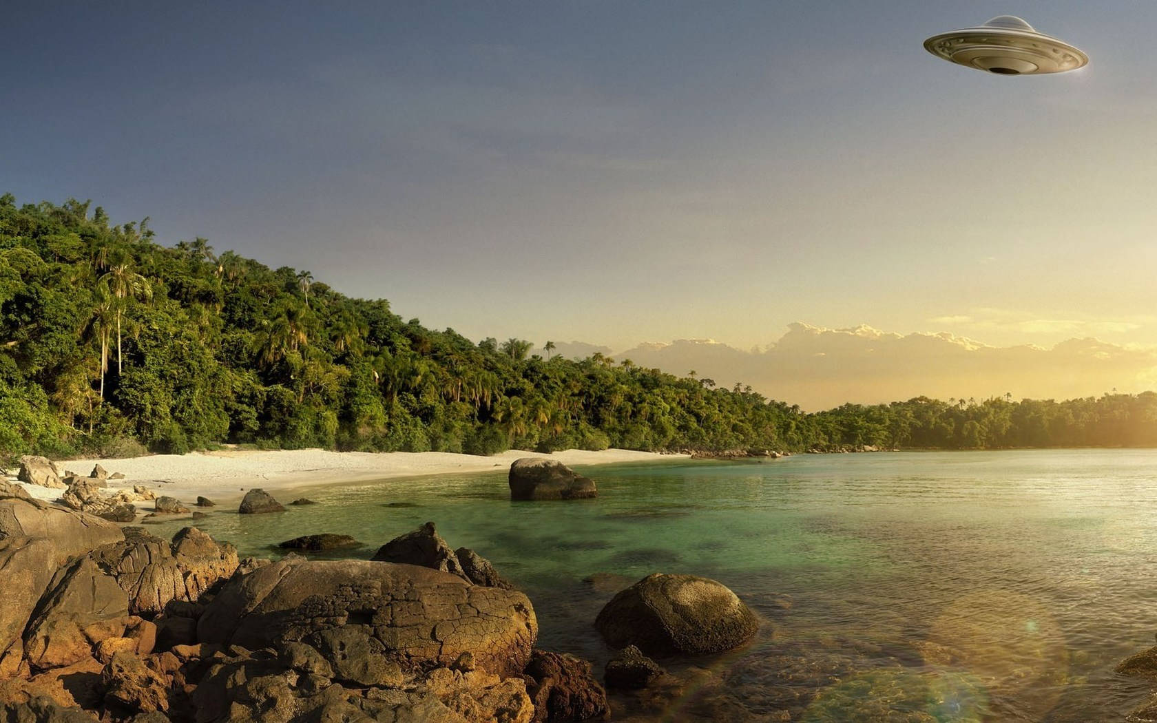 Ufo Over Tropical Island Background