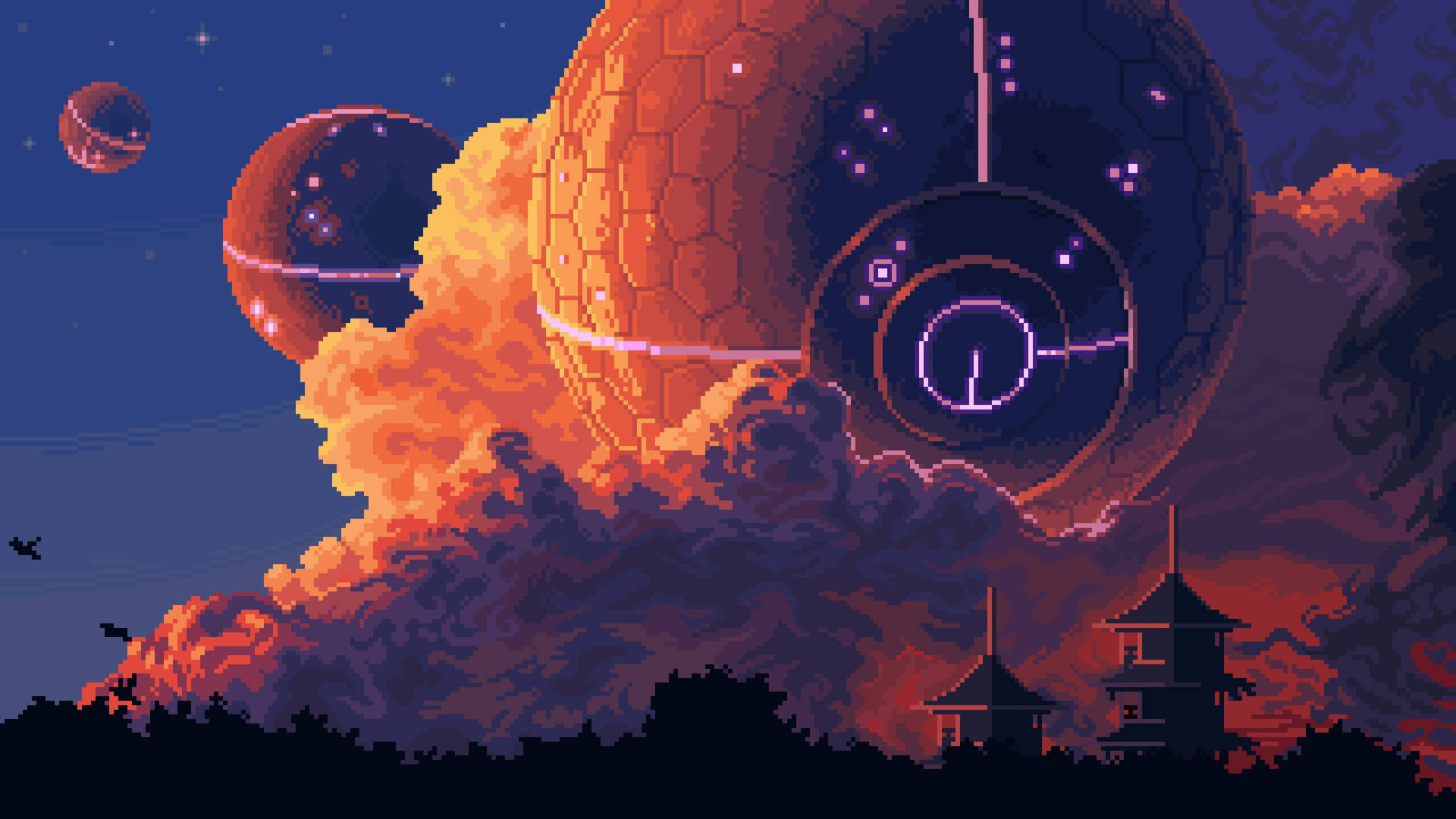 Ufos In The Sky In Aesthetic Pixel Art Background