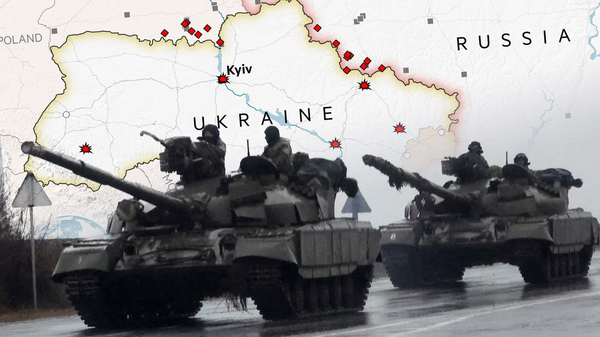 Ukraine's Military Forces On The Road With A Map Background