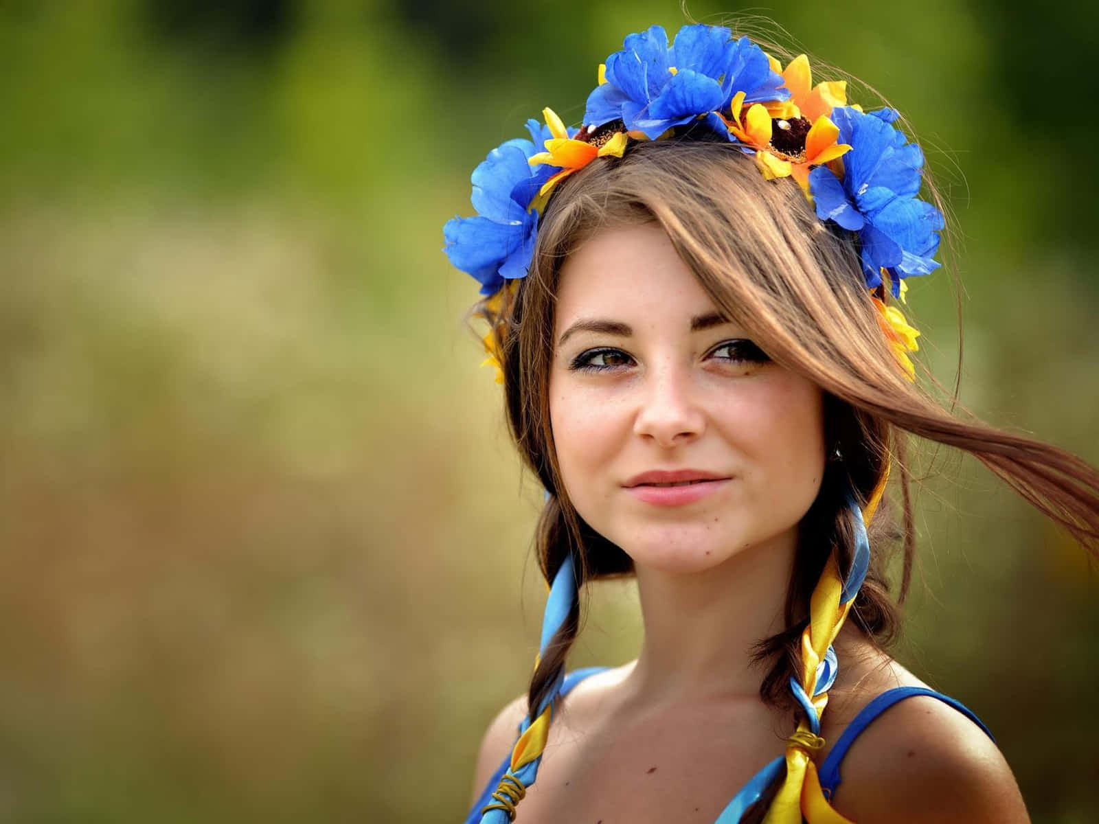 Ukrainian Girl Blue Flowery Headdress Background