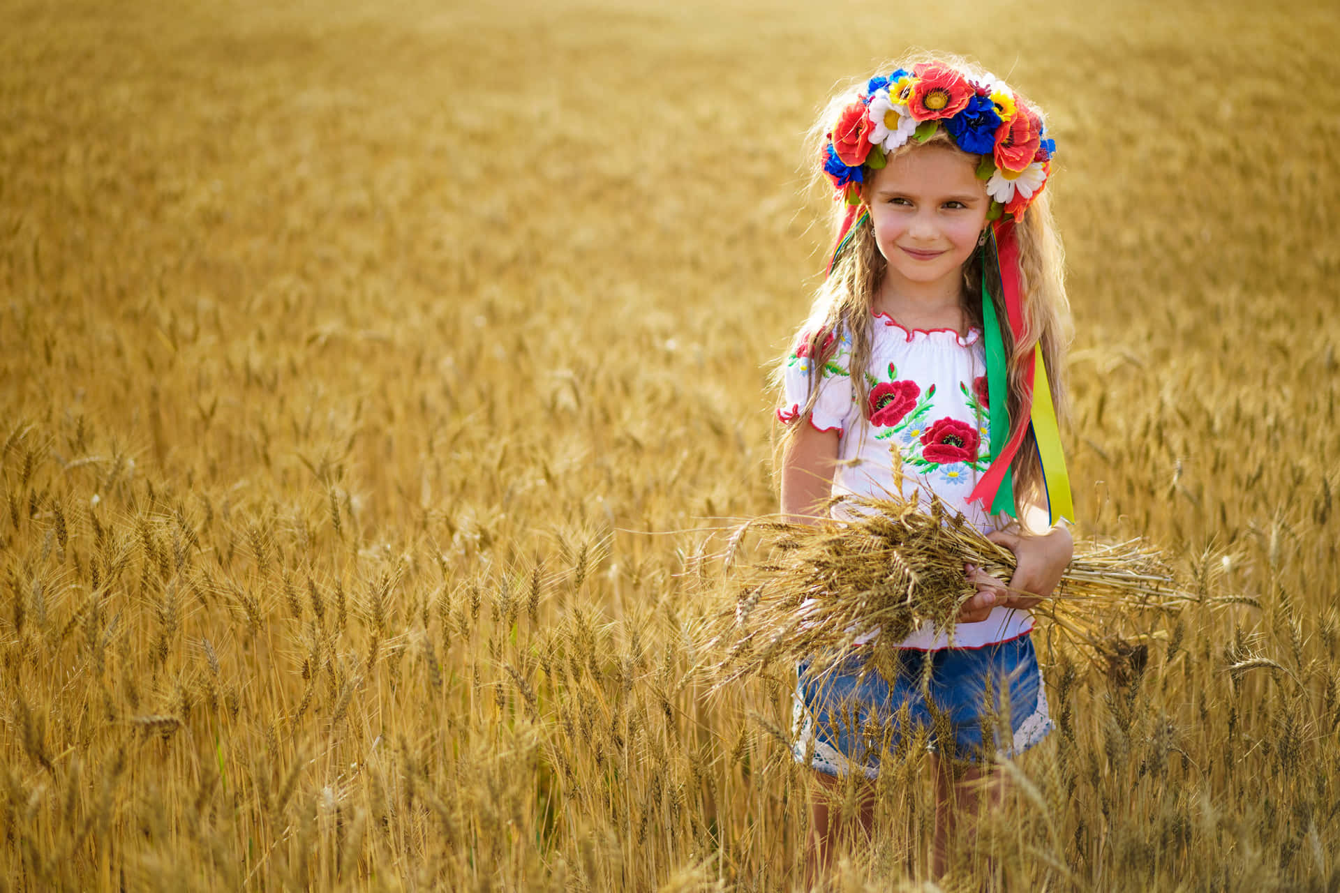 Ukrainian Girl Flower Crown Wheat Field Background