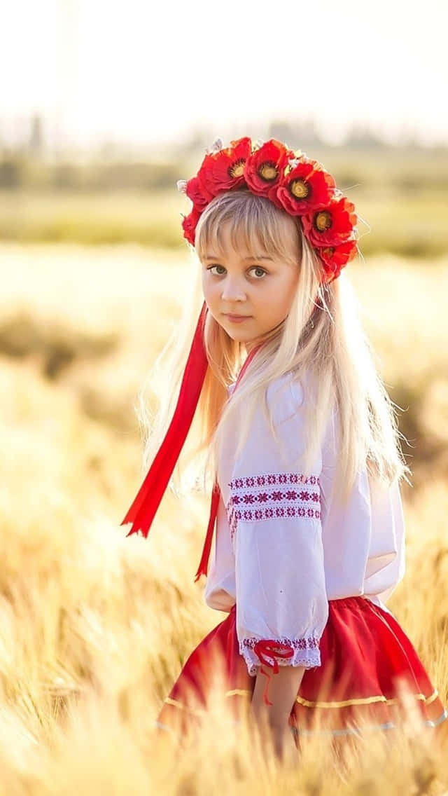 Ukrainian Girl Red Headdress Wheat Field Background