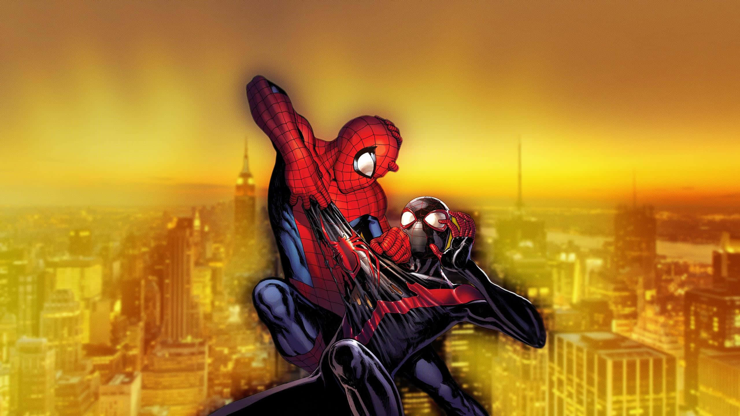 Ultimate Spider-man Swinging High Above The City Background