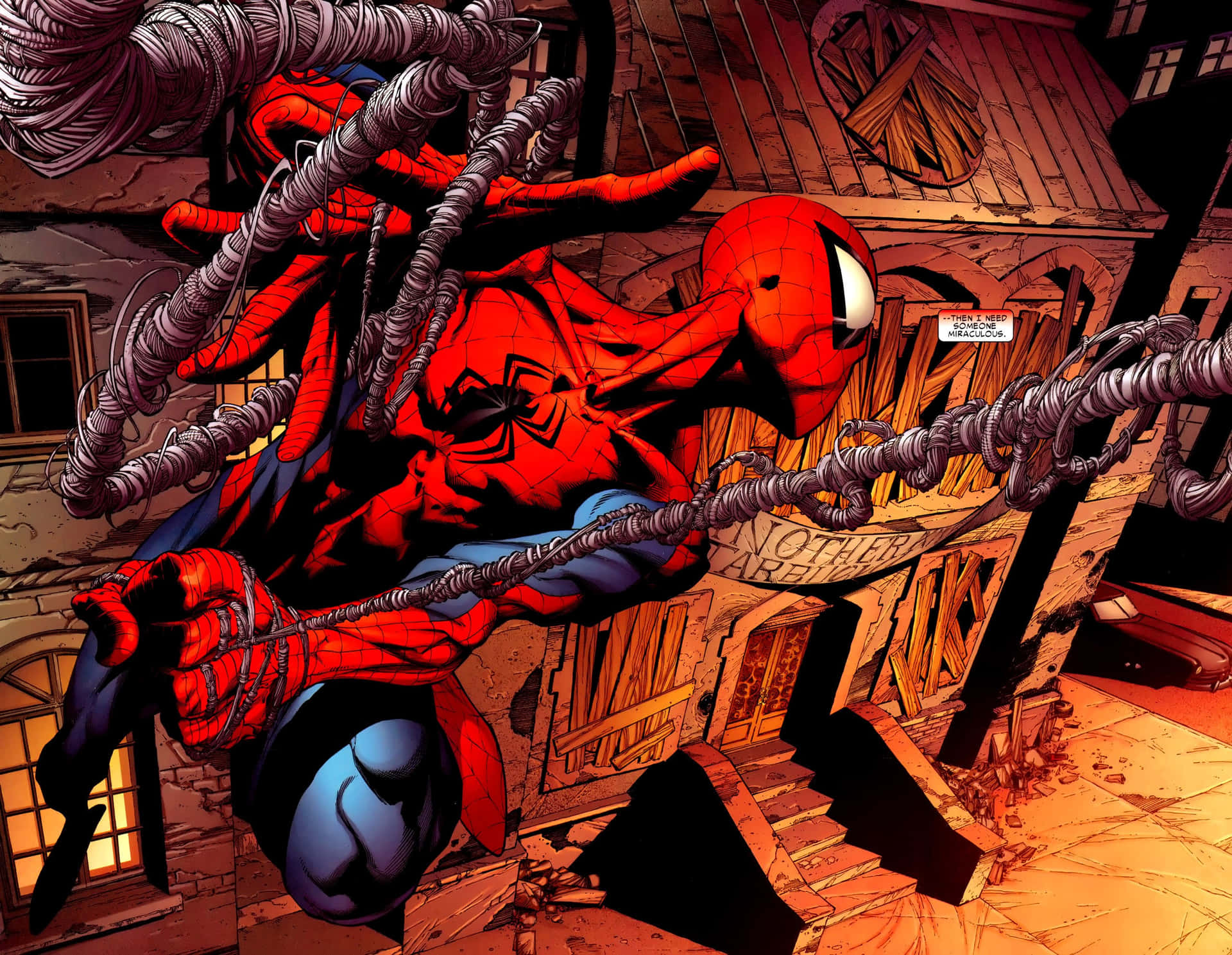 Ultimate Spider-man Swinging Through New York City Background