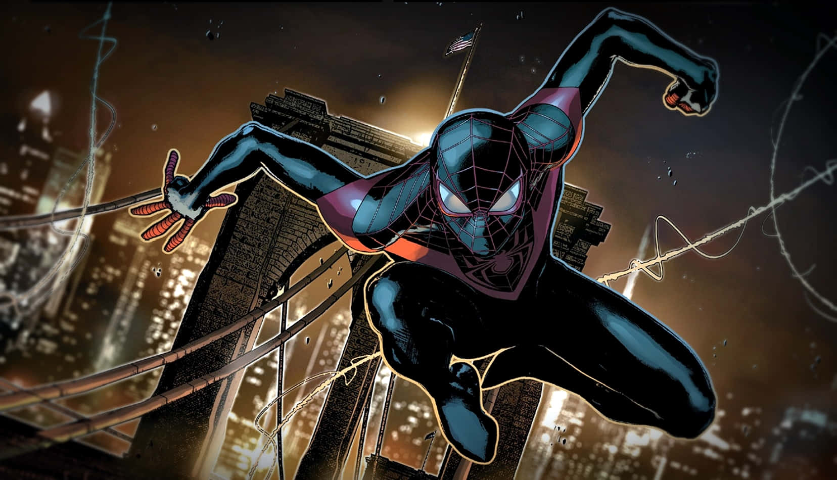Ultimate Spider-man Swinging Through The City Background