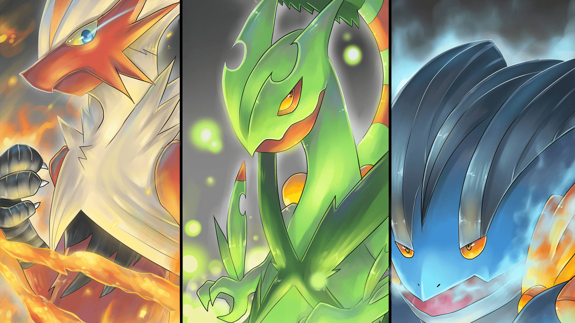 Ultimate Trio: Swampert, Grovyle, And Blaziken In Action Background