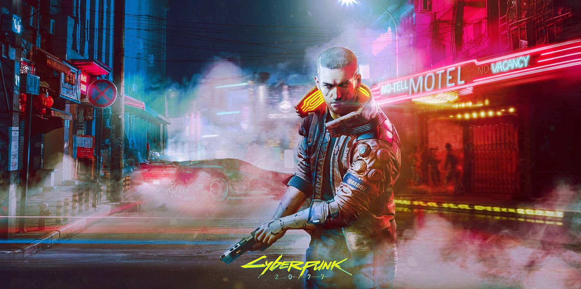 Ultrawide Cyberpunk Bald Man With Gun Background
