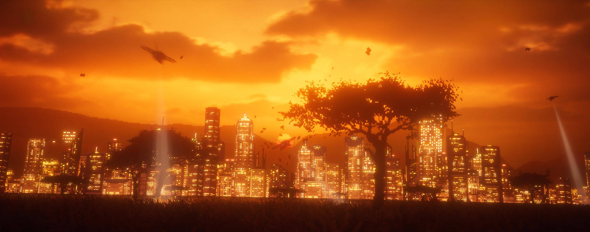 Ultrawide Cyberpunk City On Flame Background