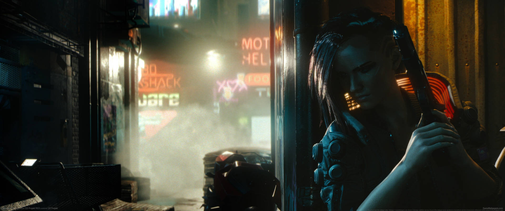 Ultrawide Cyberpunk Girl With Gun Background