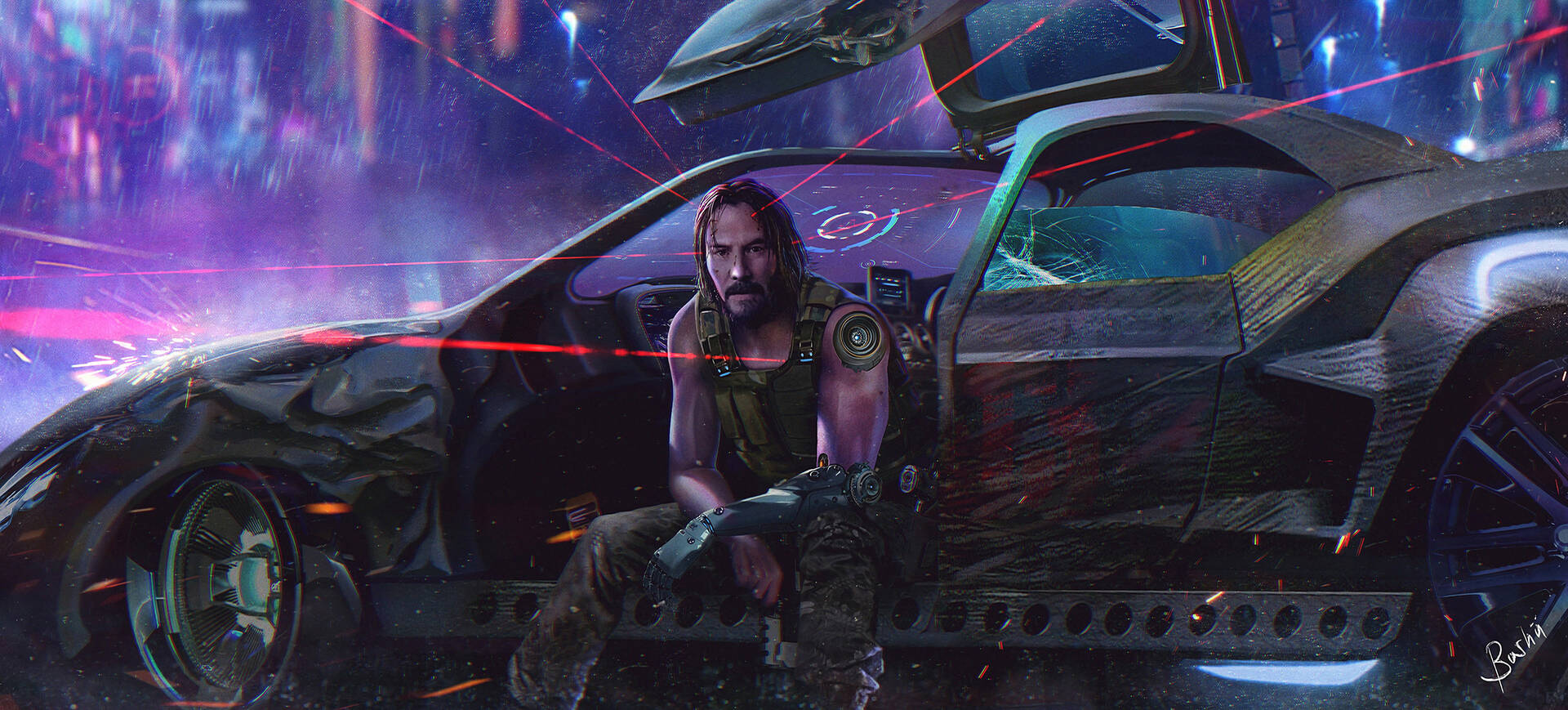 Ultrawide Cyberpunk Keanu Reeves Background