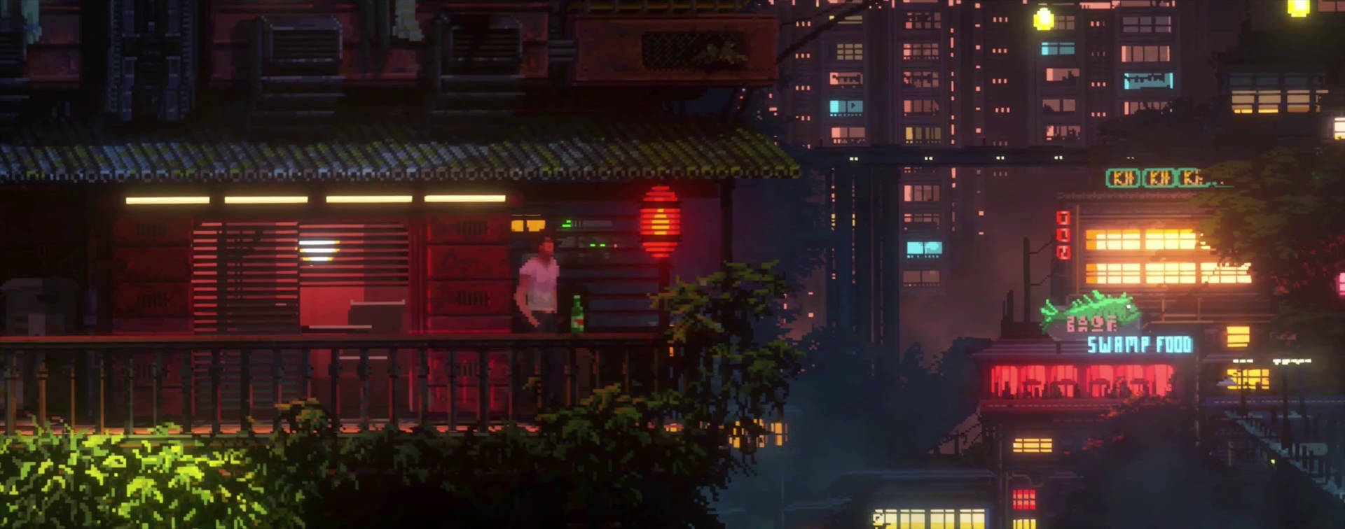 Ultrawide Cyberpunk Male On Balcony Background