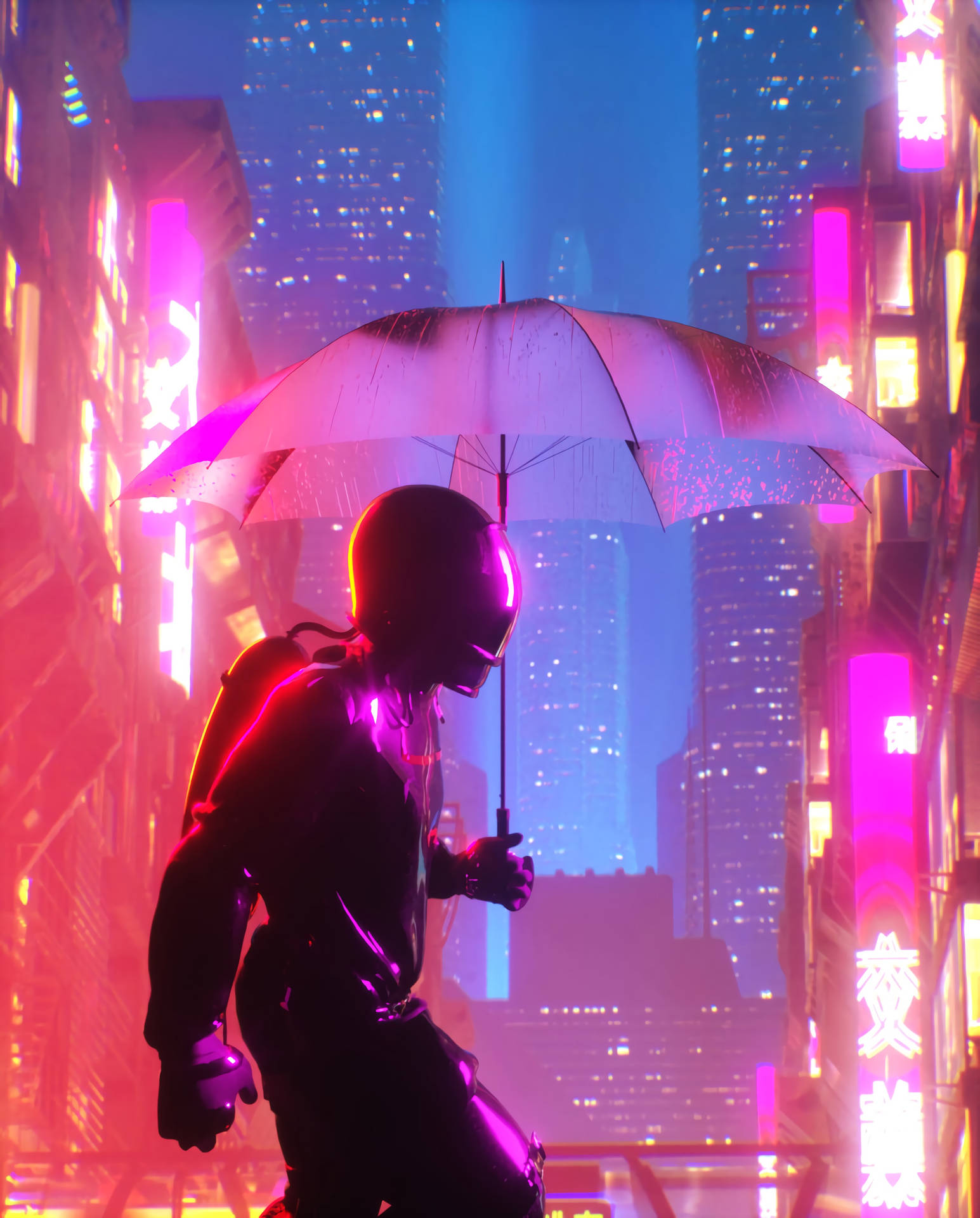 Umbrella Cyborg In Neon City Background