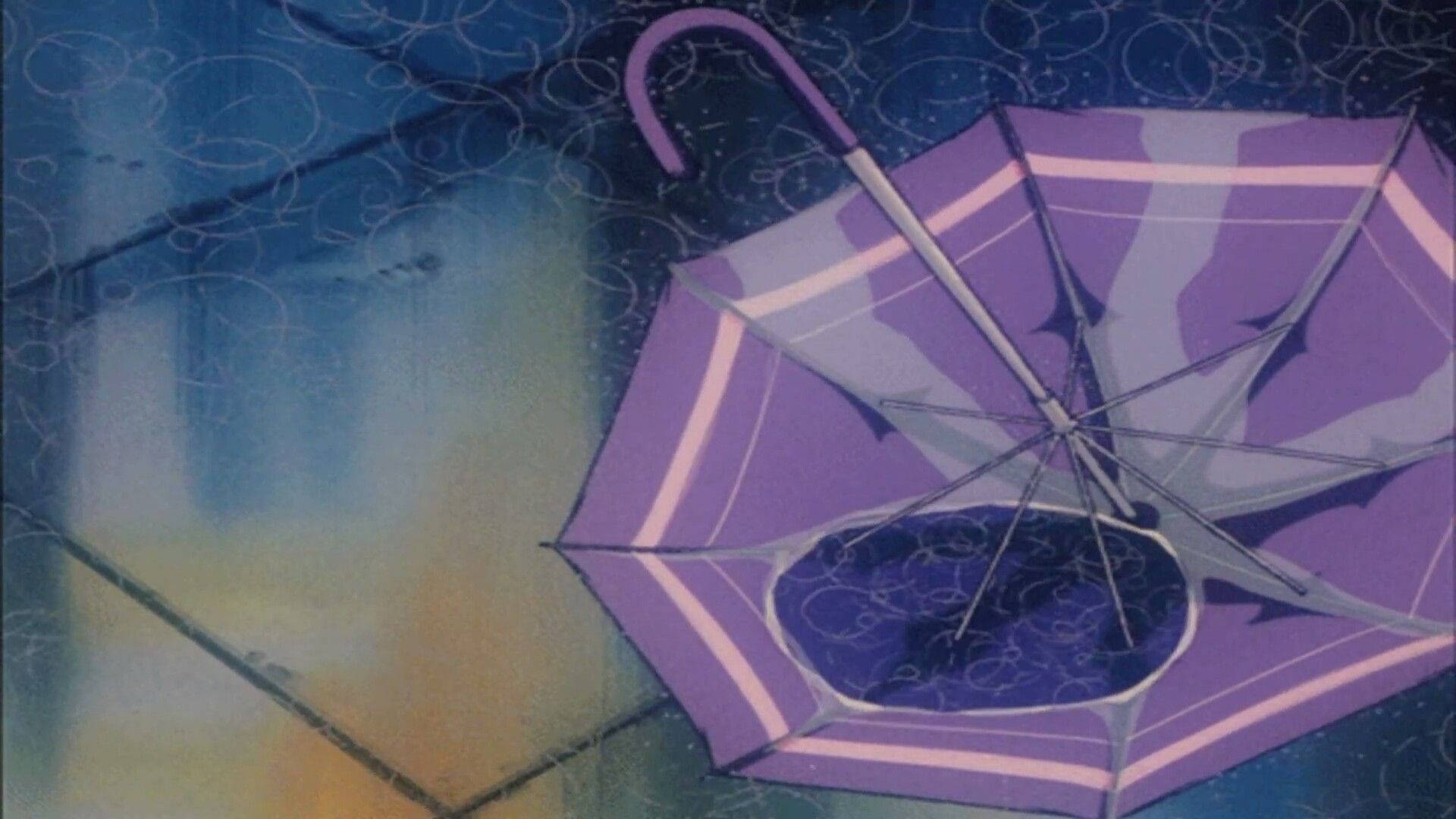Umbrella In The Rain Retro Anime Aesthetic Background