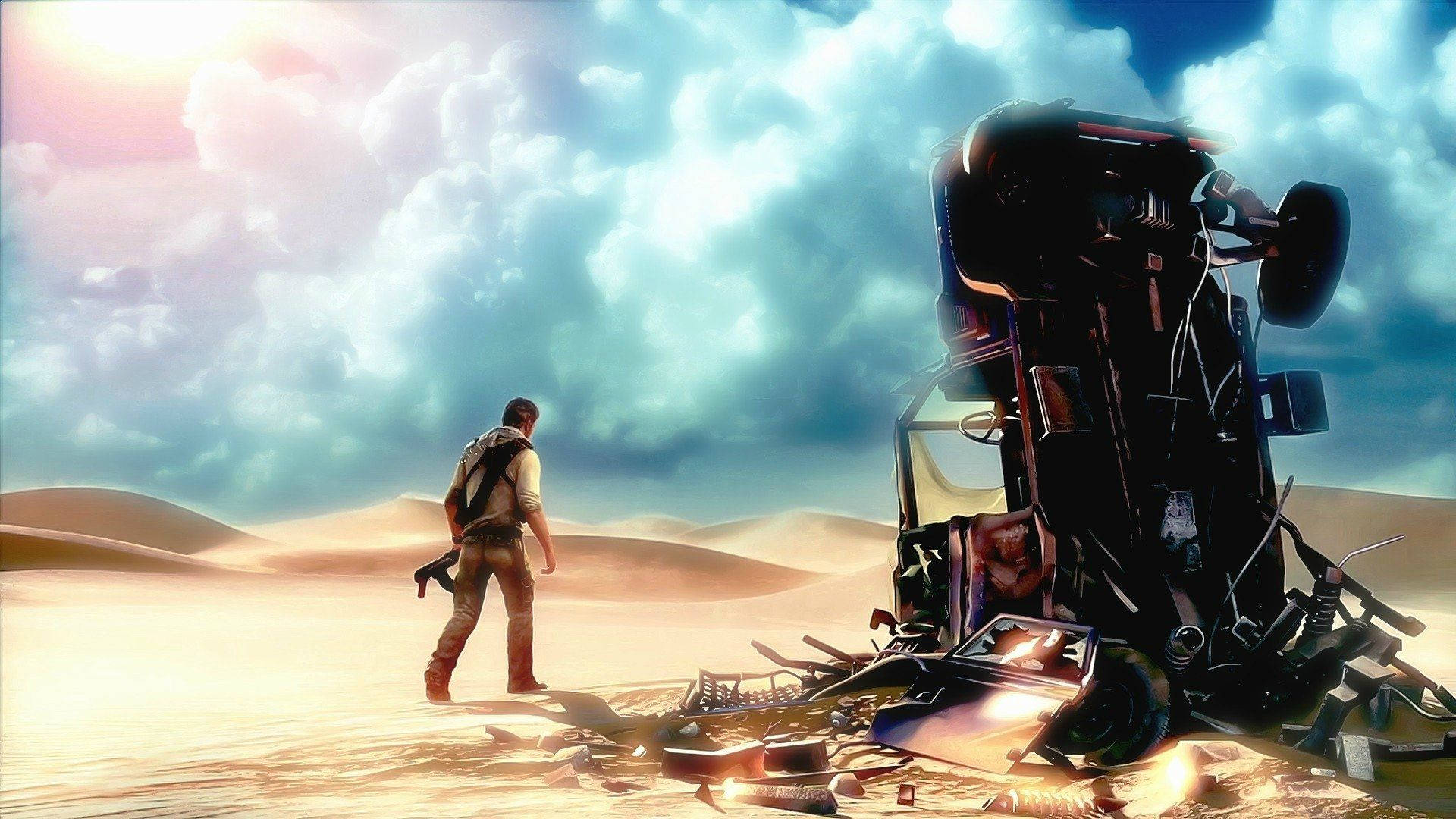 Uncharted's Protagonist Nathan Drake Next To A Crashed Car.