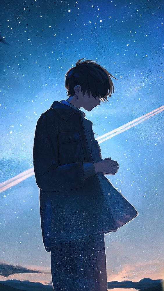 Under Starry Sky Alone Boy Anime Background