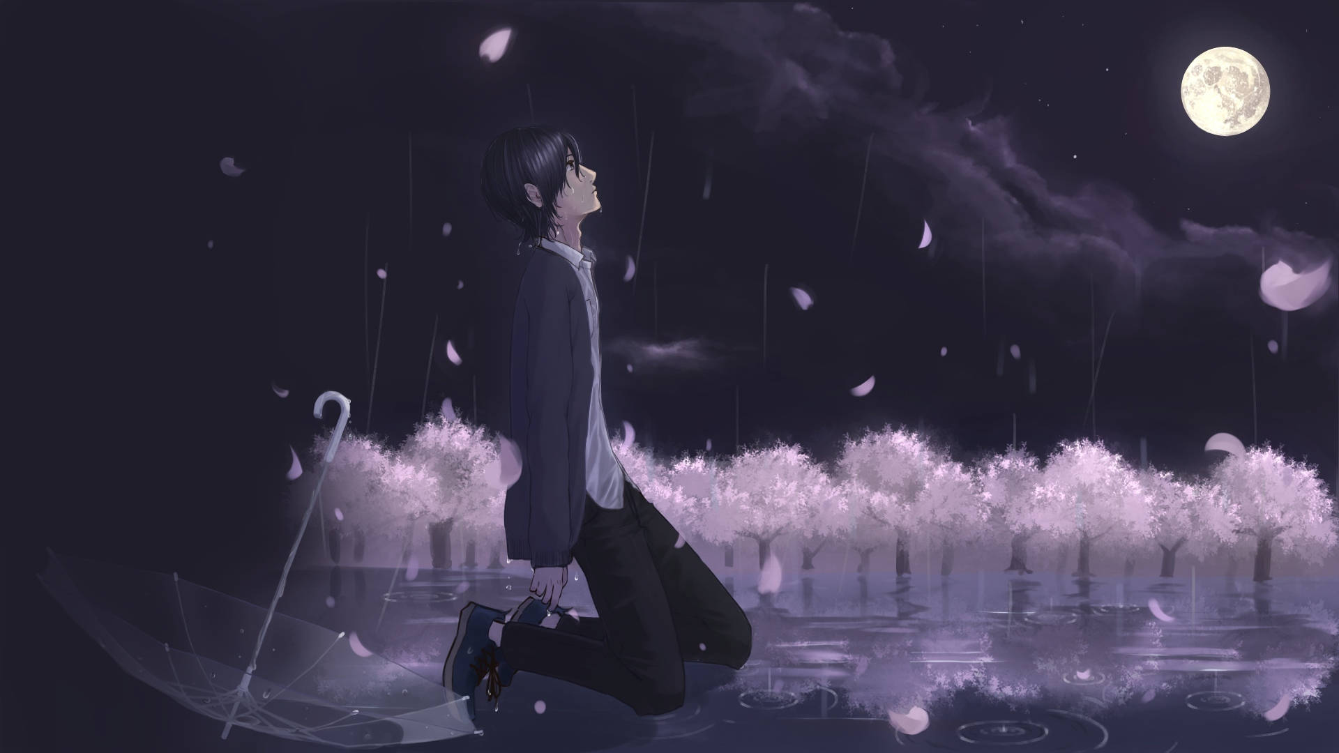 Under The Moon Anime Boy Sad Aesthetic Background