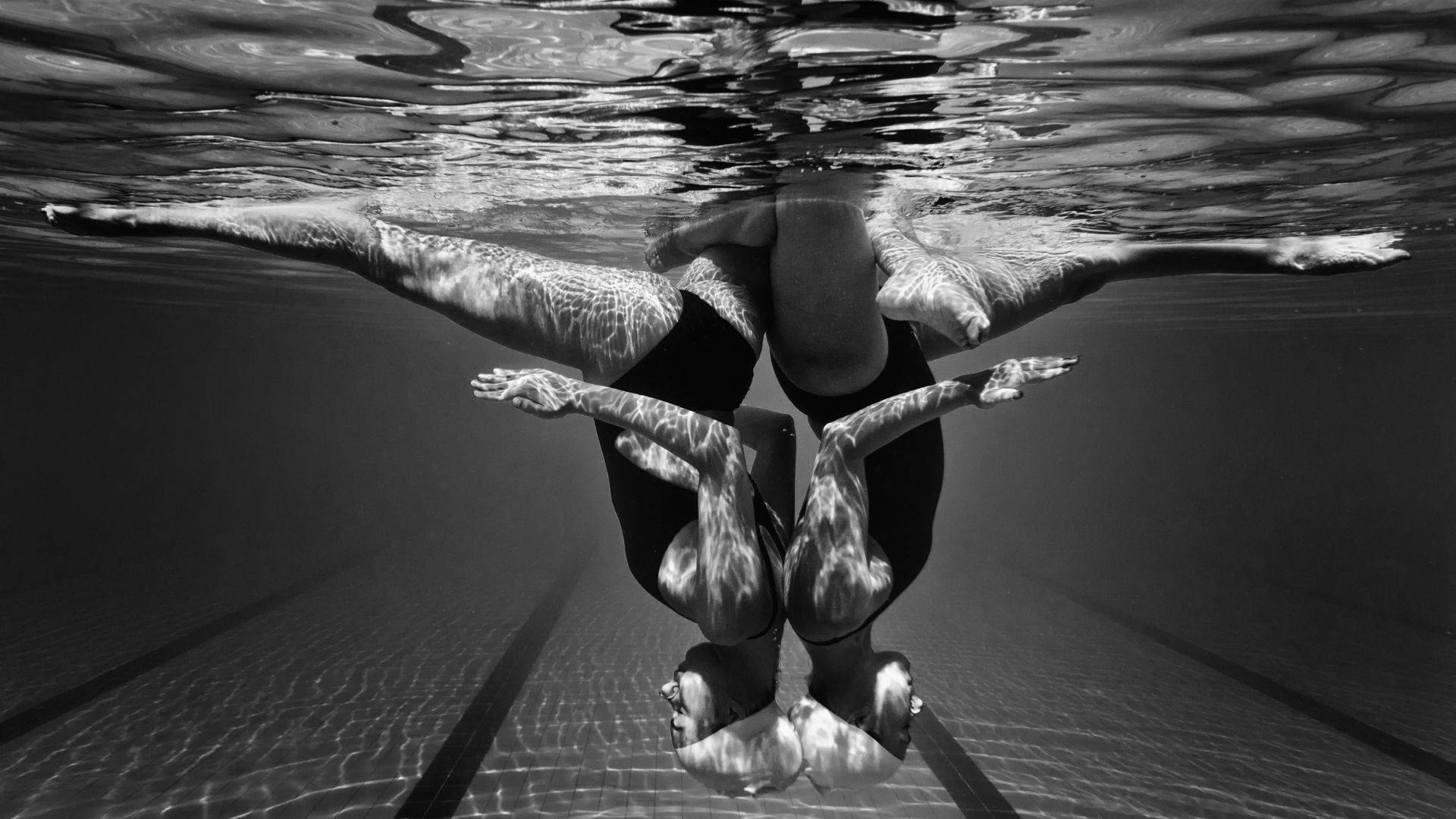 Underwater Black And White Artistic Swimmers Background