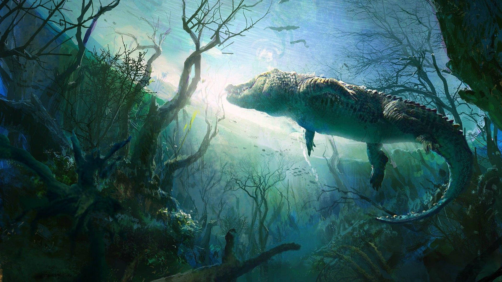 Underwater Fantasy Alligator Art Background