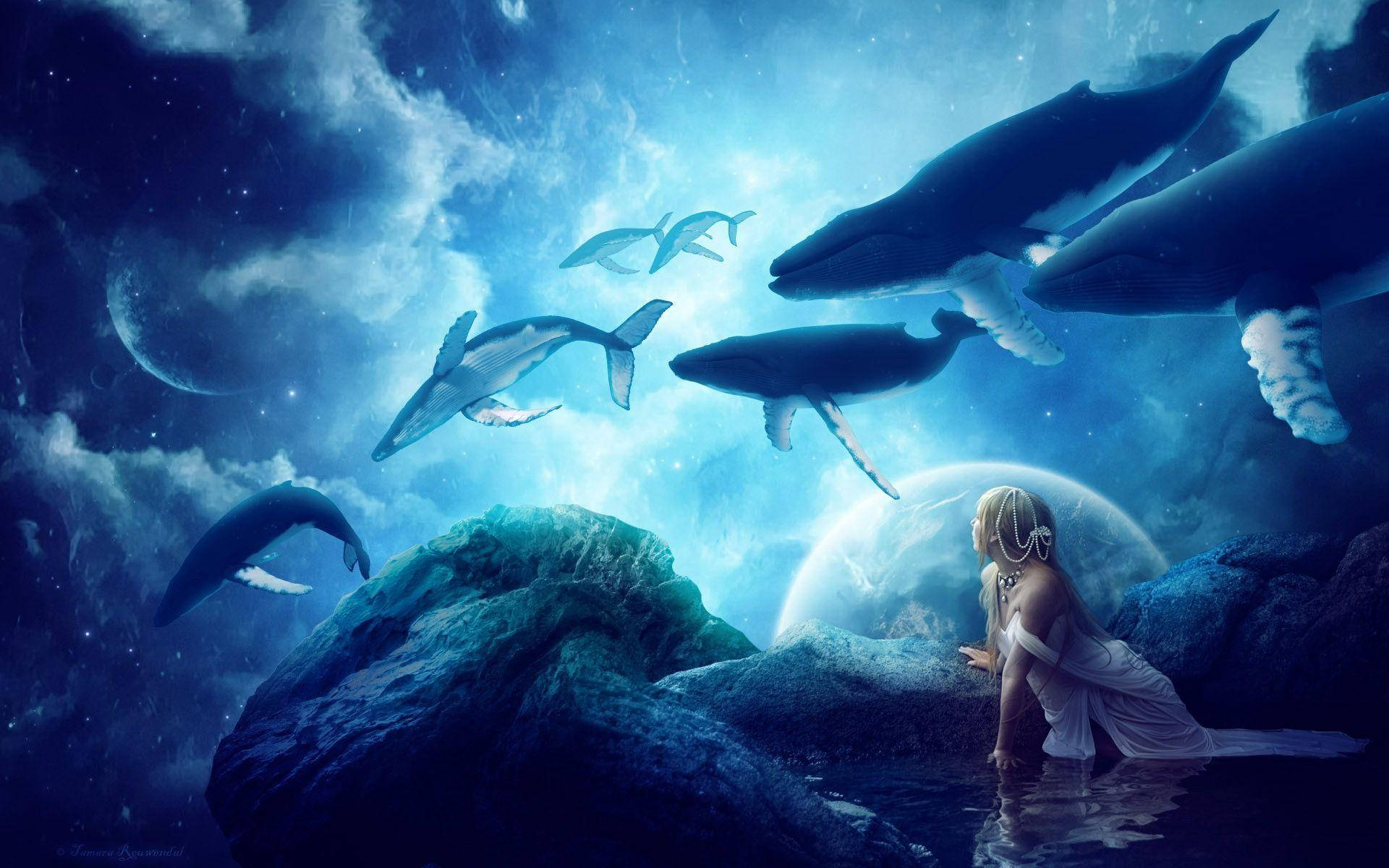 Underwater World With Whales And Mermaid Background