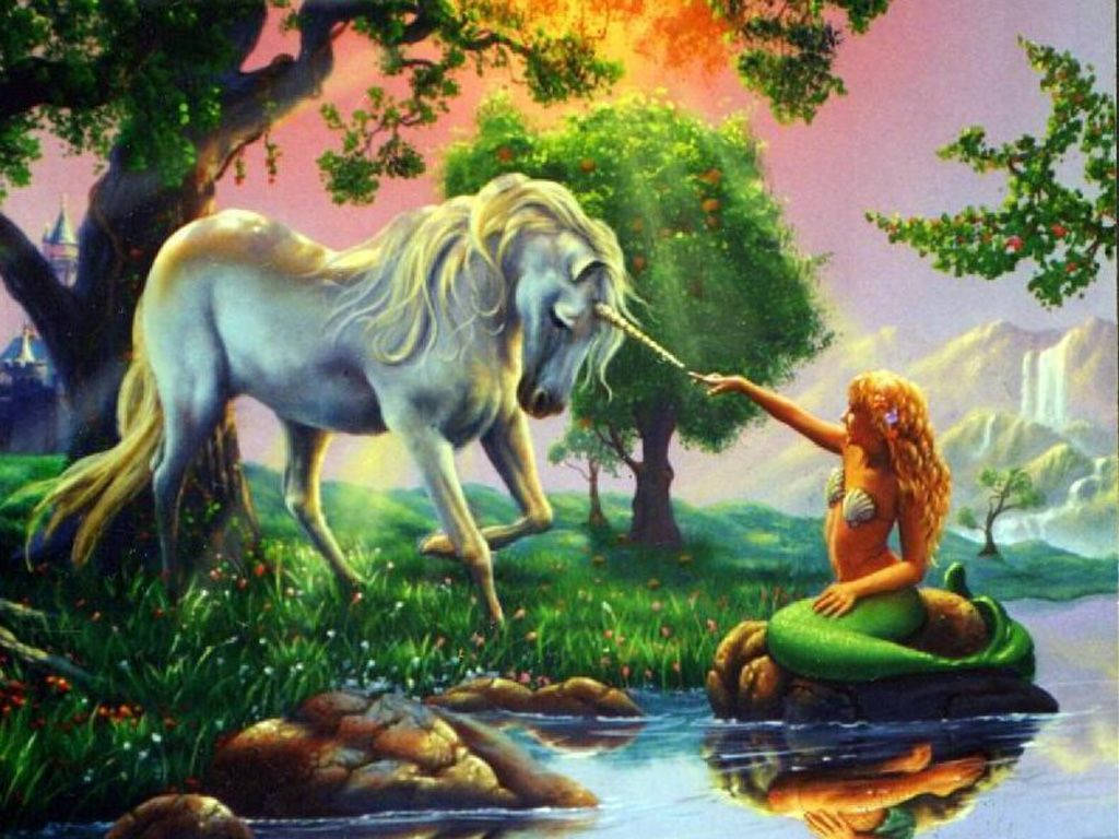 Unicorn And Mermaid In Forest Background