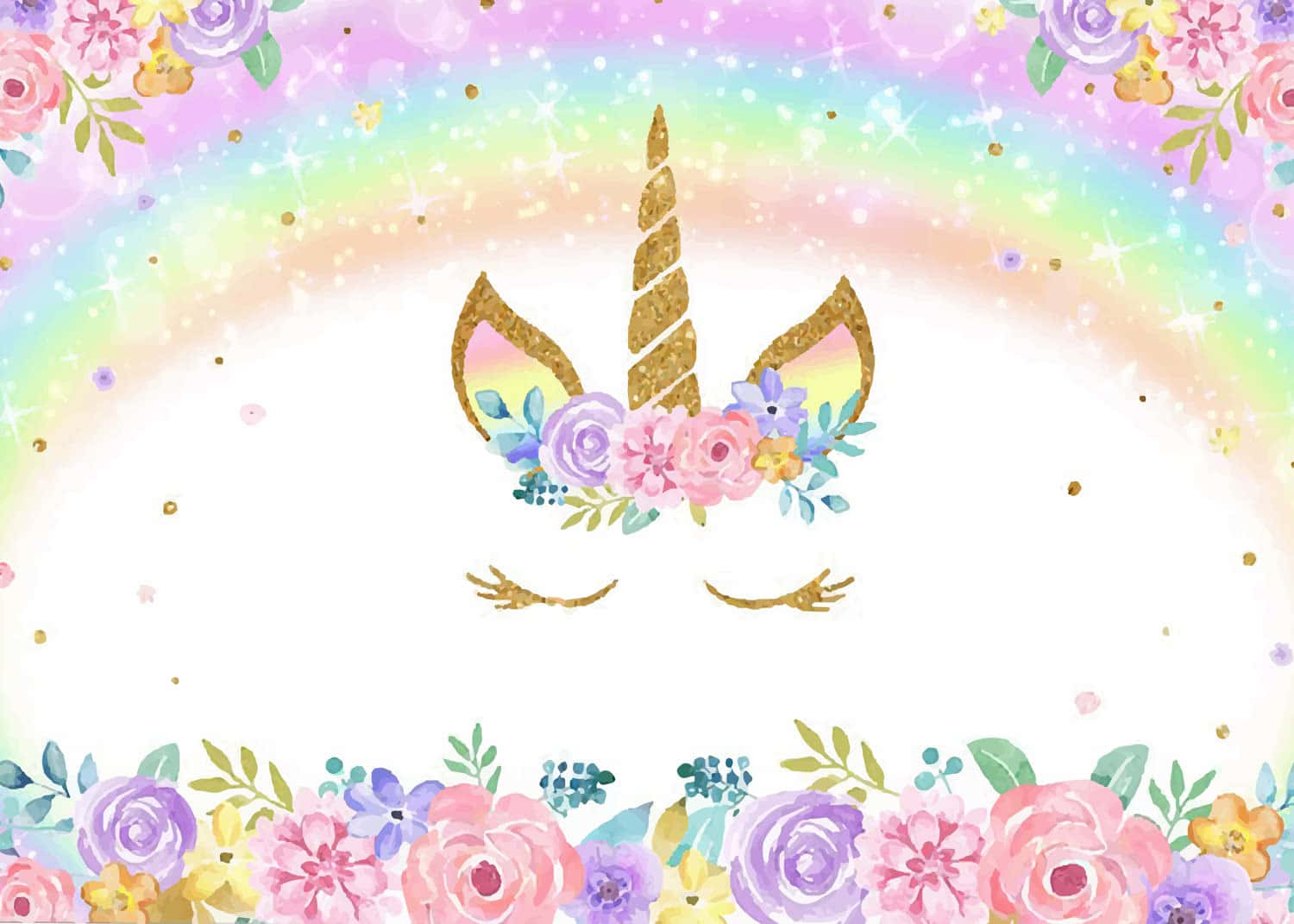 Unicorn Head With Flowers And Rainbow Background Background