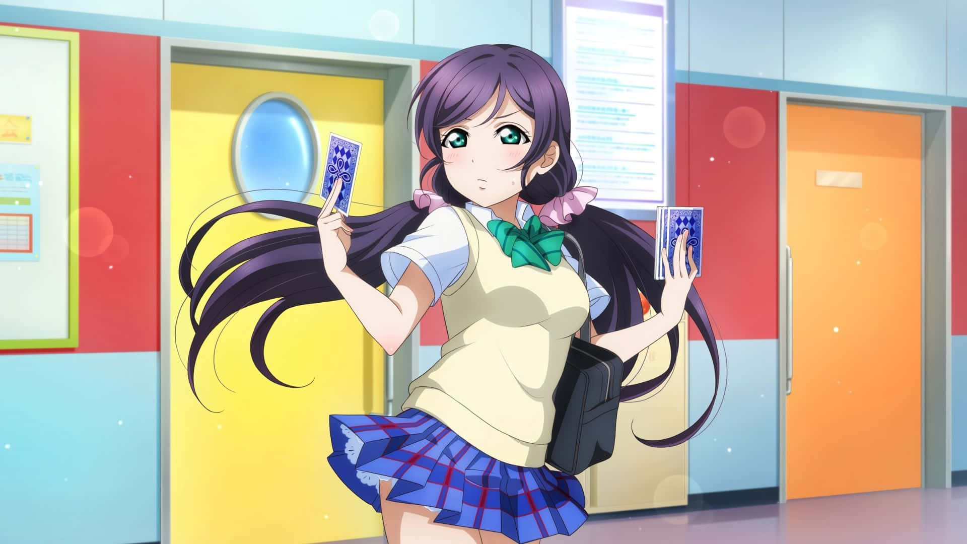 Uniform Girl Holding Cards Background