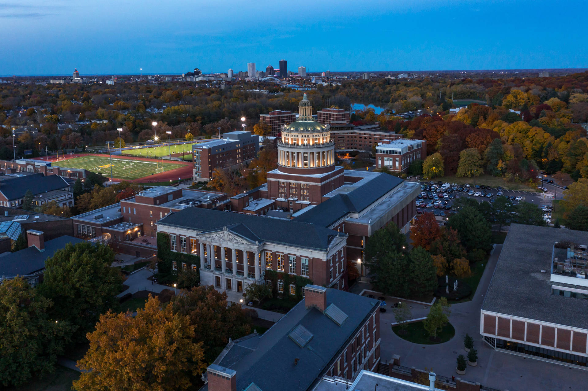 University Of Rochester Campus Drone Shot Night Background