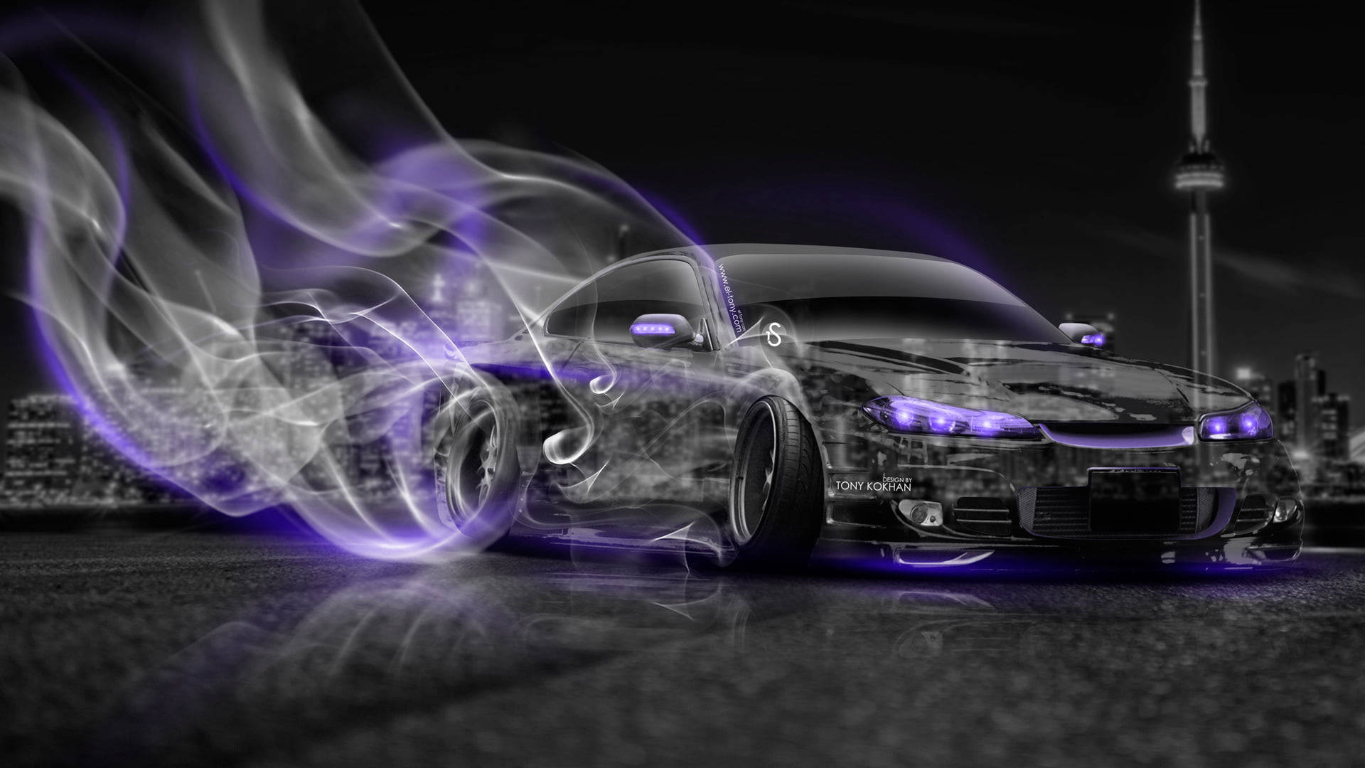 Unleashing The Night - A Black Car In Neon Smoke
