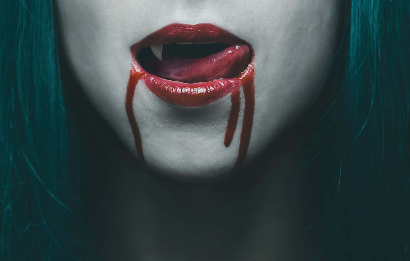 Unsettling Image Of A Bloody Mouth With Tongue Out Background
